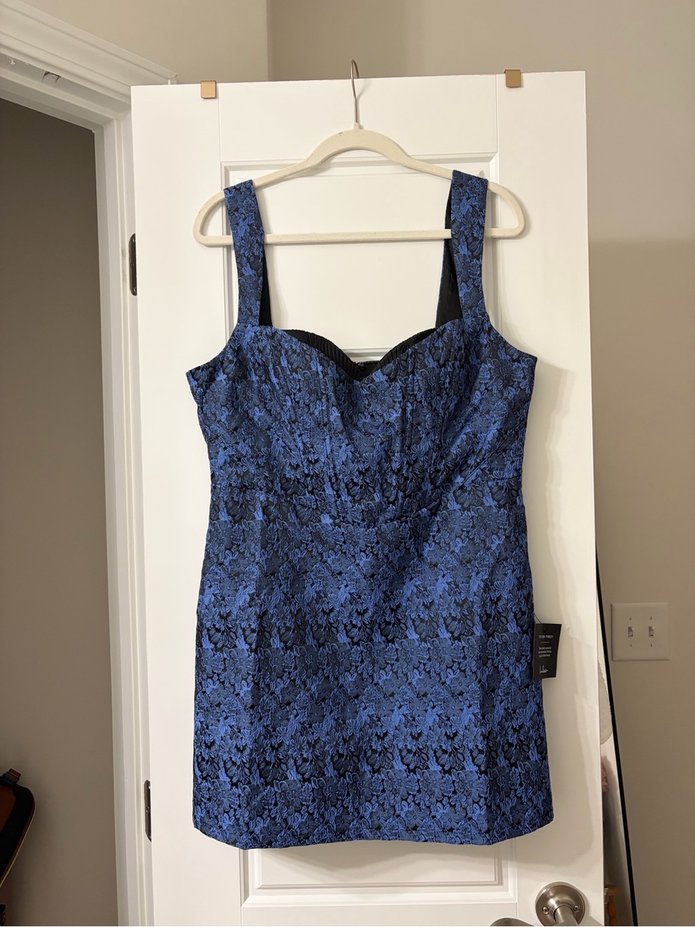 Lulus Sophisticated Celebration Dark Blue Jacquard Floral Mini Dress X-Large NWT - Picture 4 of 8